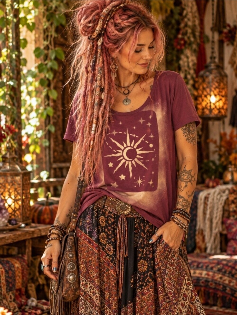 4/$15 Old Navy XXL Burgundy Celestial Sun Moon Graphic Tee Whimsigoth Witchy Boh